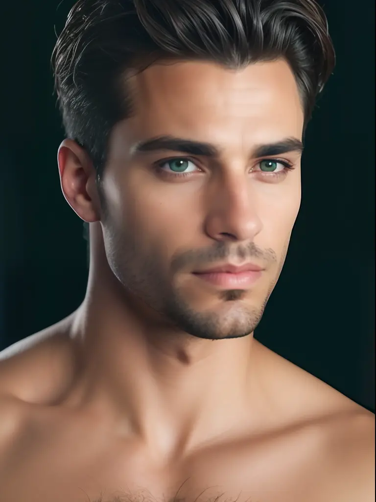 A photorealistic portrait of a insanely handsome lightly tanned Argentinian man with light make-up, extremely detailed light gre...