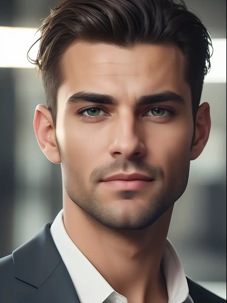 A photorealistic portrait of a insanely handsome lightly tanned Argentinian man with light make-up, extremely detailed light gre...