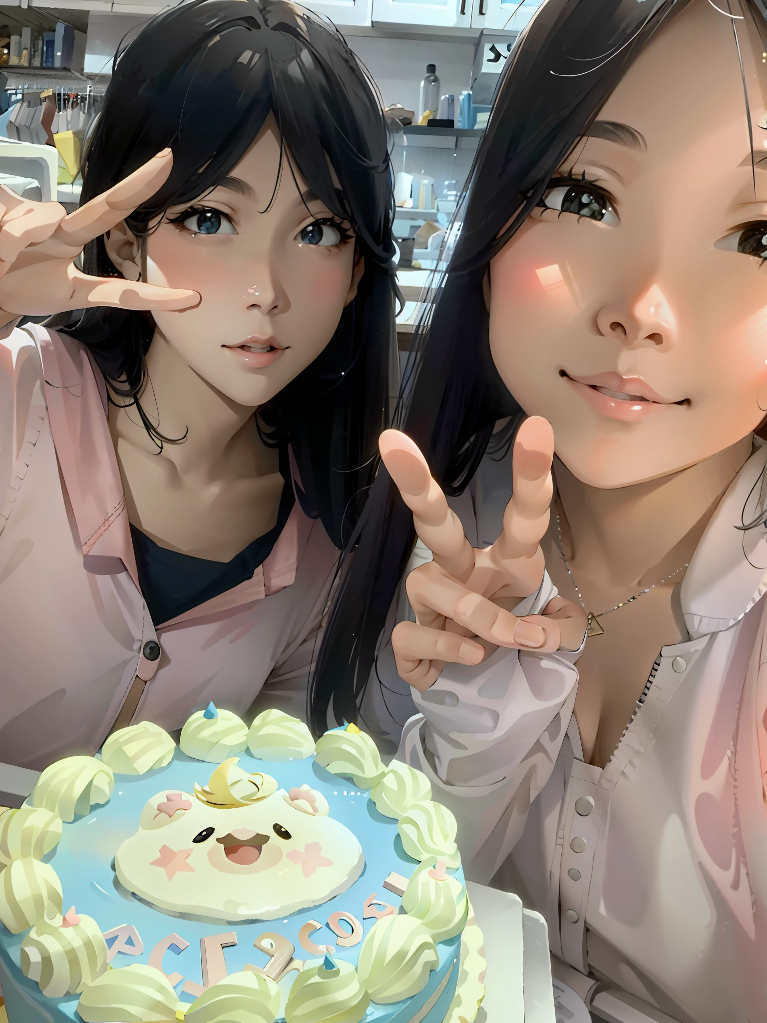 JPG, Pixar style, high quality,girl,unique, cute and beautiful, super detail,sweet smile8k impressive style --ar two lovely girls, holding cakes, pose for photos than scissors hands  3:4