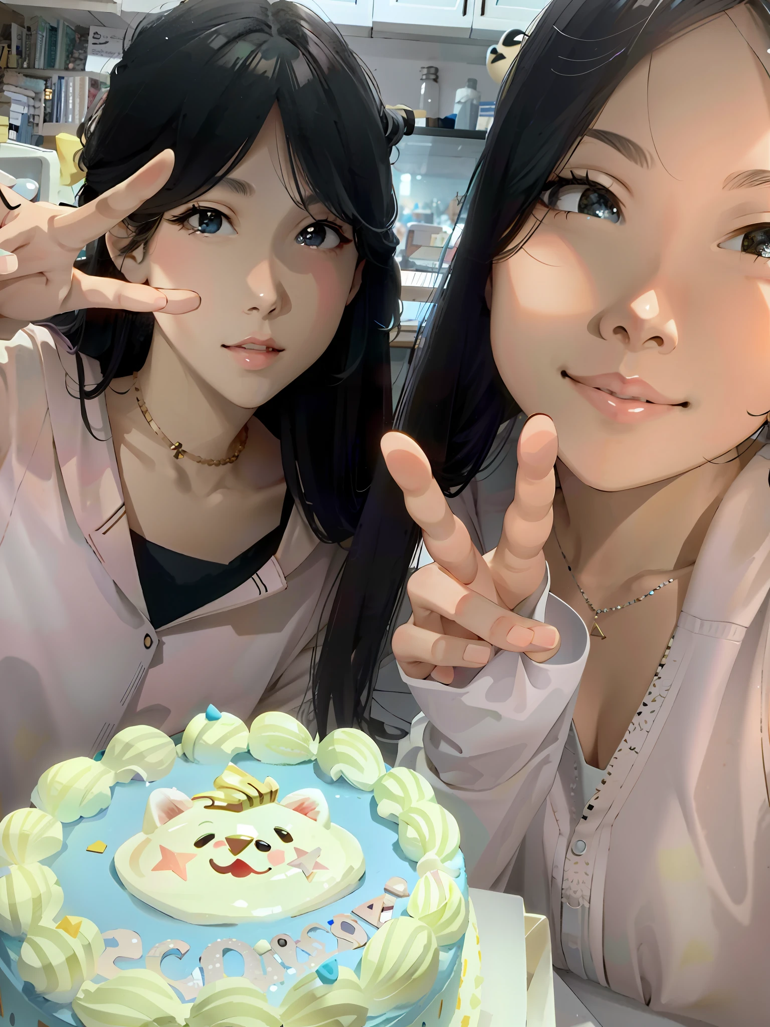 JPG, Pixar style, high quality,girl,unique, cute and beautiful, super detail,sweet smile8k impressive style --ar two lovely girls, holding cakes, pose for photos than scissors hands  3:4