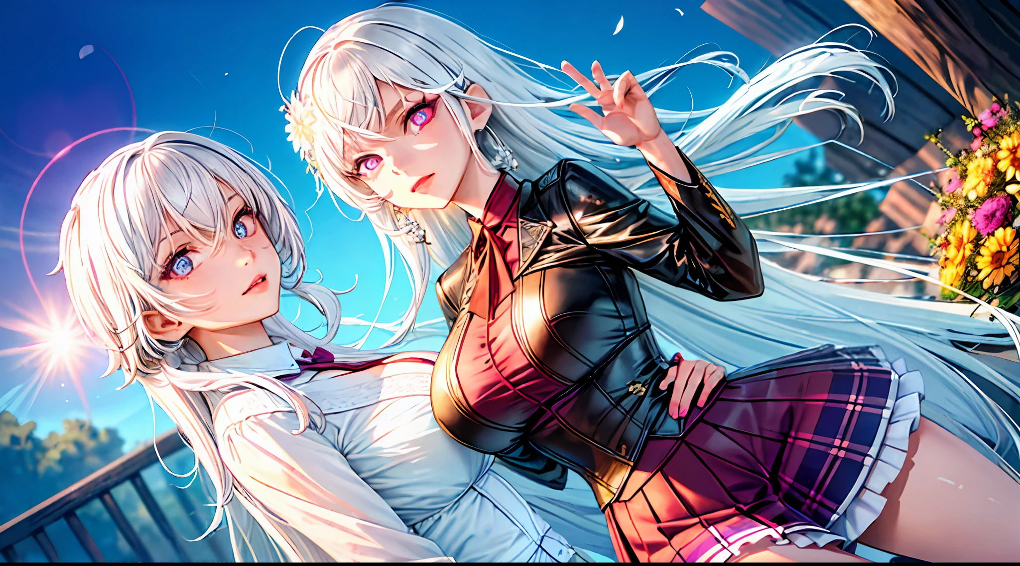 realisticlying，2girl，White hair，Purple eye，glowing light eyes，Cut the top，a skirt，parted lip，Be red in the face，the night，fresh flowers，suns，rays of sunshine，Huge breasts，