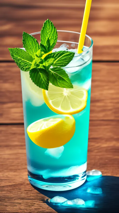 (No one) A soft drink containing lemon, mint leaves, and bubbles. The yellow fades to blue. It's cool. There are colored straws, ice cubes, placed on a green leaf, outdoors, a clear blue sky, beautiful clouds --auto