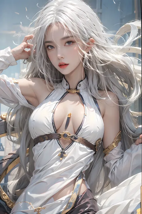 photorealistic, high resolution, 1women, solo, hips up, look at viewer, (detailed face), white hair, long hair, medium breasts, Taoist