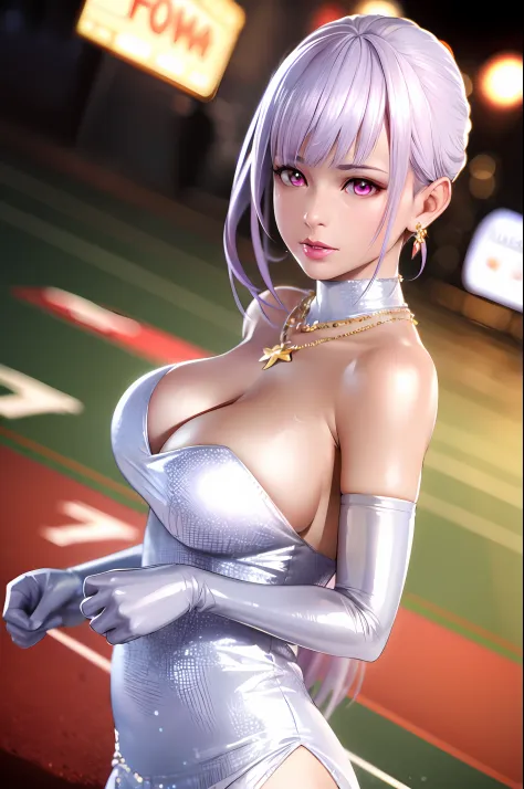 fiona,  ultra realistic 8k cg, flawless, masterpiece, solo, 1girl, casino, rich, night dress, cutout, necklace, earring, golden, face focus, gleaming skin, elbow gloves, cleavage, shiny dress