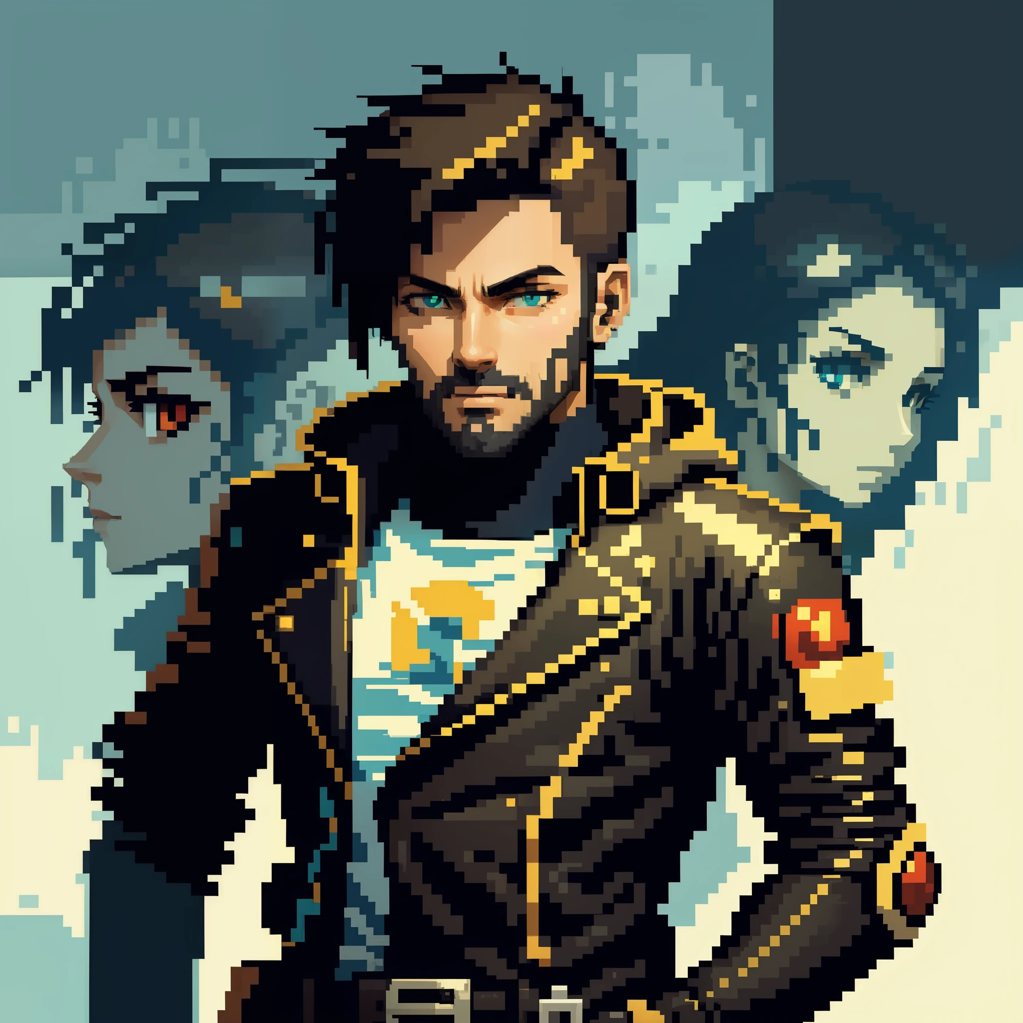 Personagem encostando em uma moto pixel cyberpunk