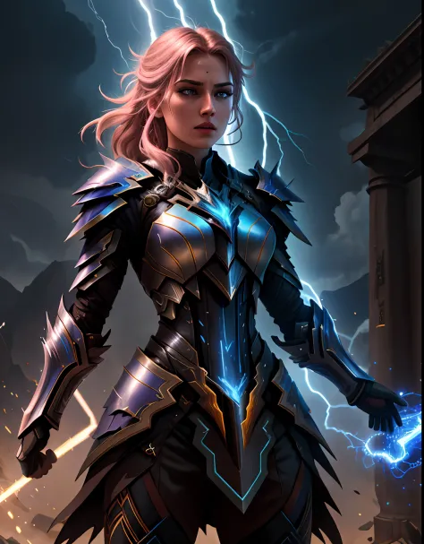 4K, Masterpiece, highres, absurdres,
edgThunderstruck,woman in armor,lightning bolt ,wearing edgThunderstruck_armor, electrified...