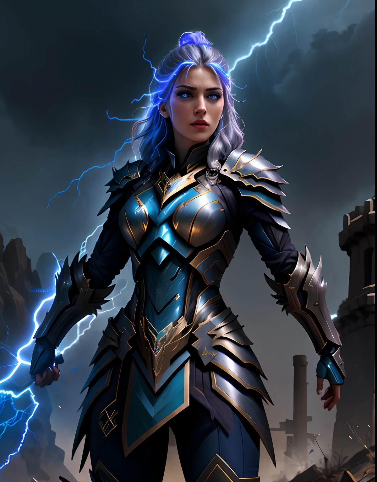 4K, Masterpiece, highres, absurdres,
edgThunderstruck,woman in armor,lightning bolt ,wearing edgThunderstruck_armor, electrified, weilding thunder