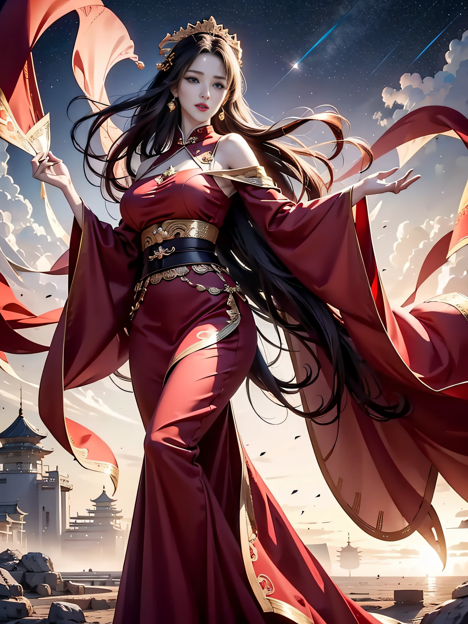 Girl, young and beautiful, tall and beautiful, fair face, perfect features, tall and beautiful, fair skin, good figure, heroic and valiant, heroic and valiant, wearing ancient Chinese armor, female general, Chinese landscape background, standing on the top of the mountain, 500 years ago, starry night, realistic, detailed, 8k, mix4,   red_dress,starry sky, fire, red hair, solo, hair ornament, long hair, red eyes, jewelry, earrings, dress, bare shoulders, red lips, upper body, white background, facial mark, crescent, lipstick, forehead mark, looking at viewer