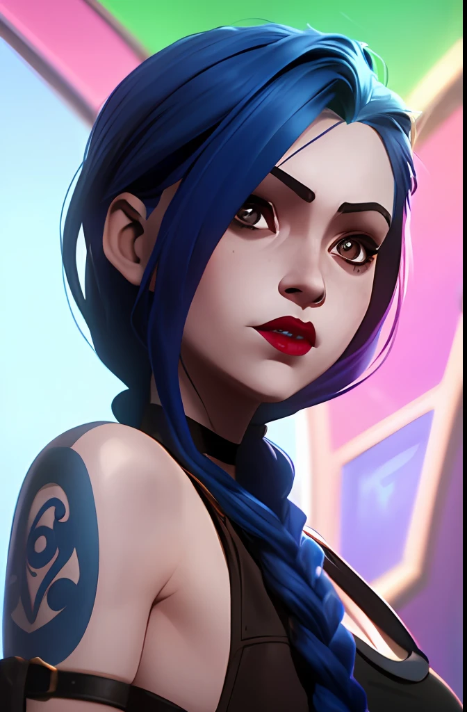 face focus, portraite, jinx, pink eyes brilhantes, arcane style, 1girl, arm tattoo, asymmetrical bangs, blue stripe, hair blue, pigtail, brown shirt, gazing at viewer, giggling , natta, hair blue, long hair, pink eyes, red-lips, twin braids, Jinx. jinx from arcane, Arcana, Jinx, Arcane \(league of legends\)