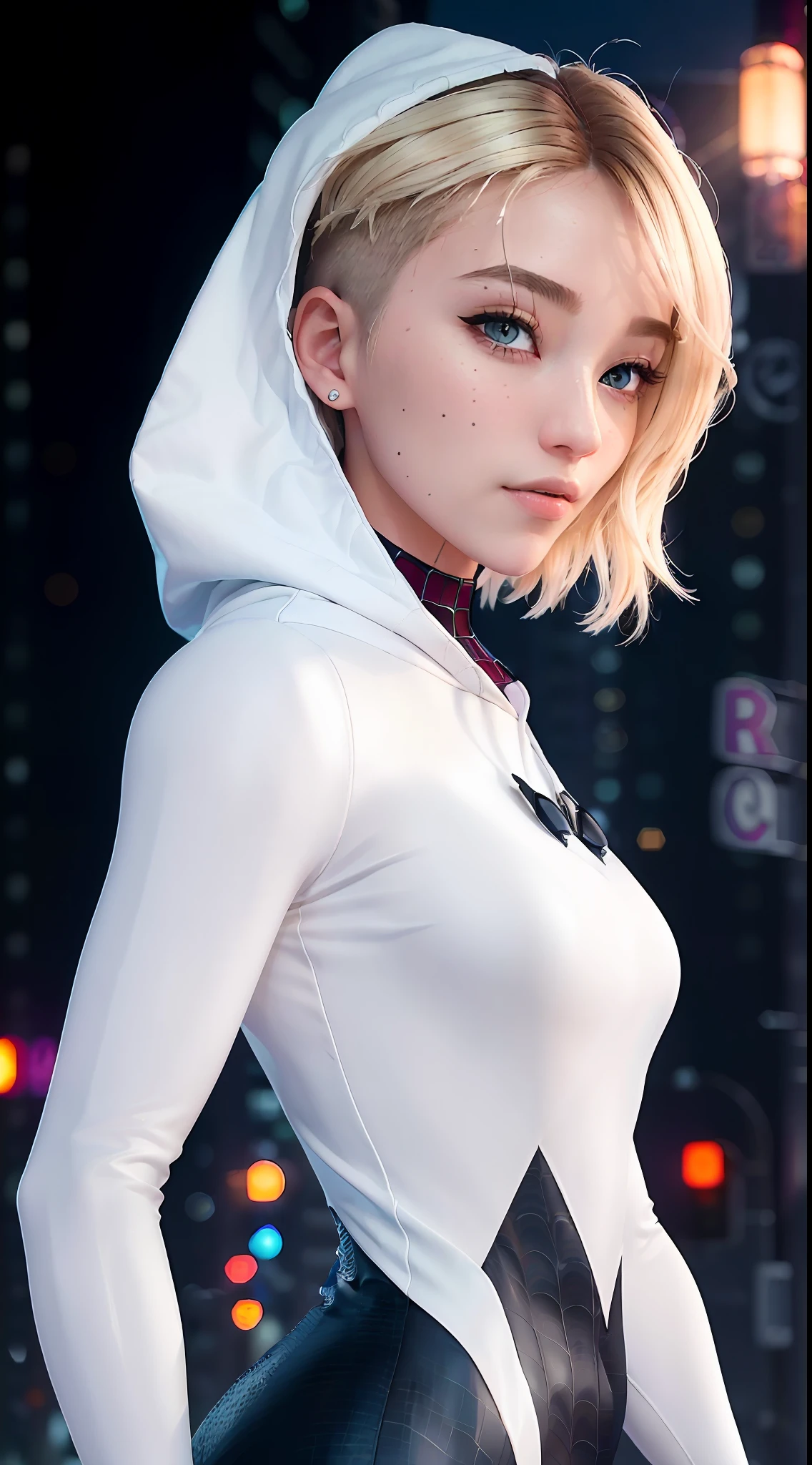 (masterpiece), ((best quality)), parted lips, light_smile, cinematic lighting, ultra-realistic, ((realistic)), (gwen_stacy), blonde_hair, short_hair, solo, sidecut, asymmetrical_hair, parted_lips, eyebrow_piercing, (detailed face), beautiful 1girl, 1girl, looking at viewer, (beautiful detailed eyes), bodysuit, spider-suit, white hoodie, hood_down, portrait, upper_body, (side of head shaved), (small breasts)