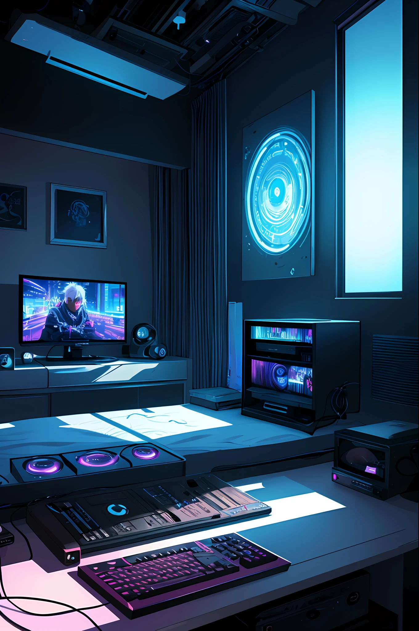 (Meisterwerk), (beste Illustration),(keine Menschen), Anime-Hintergrund, Gaming-Schlafzimmer, Fernseher mit großem Computer, Ringbeleuchtung , Felgenbeleuchtung,(extrem detailliertes CG Unity 8k-Hintergrundbild),(Meisterwerk), (beste Qualität), (Vaporwave-Stil), (ultra-detailliert), (beste Illustration),(bester Schatten),Perfekte Beleuchtung , Perfekte Anatomie , lebendige Farben,