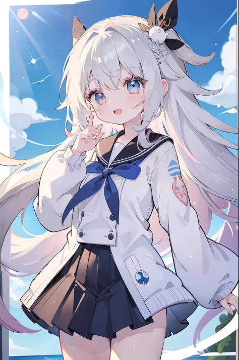 1 girl in、Long white hair、Blue and brown eyes、Fluffy hair、a sailor suit、Appearance in a sailor suit、Black ribbon hair ornament on left、Pink ribbon hair ornament on the right、School Background、blue-sky、Head to thigh、Looking at the camera、Smile with open mou...