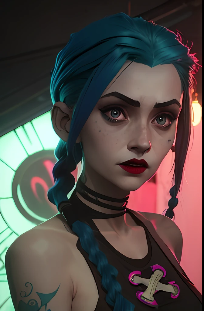 face focus, portraite, jinx, pink eyes brilhantes, arcane style, 1girl, arm tattoo, asymmetrical bangs, blue stripe, hair blue, pigtail, brown shirt, gazing at viewer, giggling , natta, hair blue, long hair, pink eyes, red-lips, twin braids, Jinx. jinx from arcane, Arcana, Jinx, Arcane \(league of legends\)