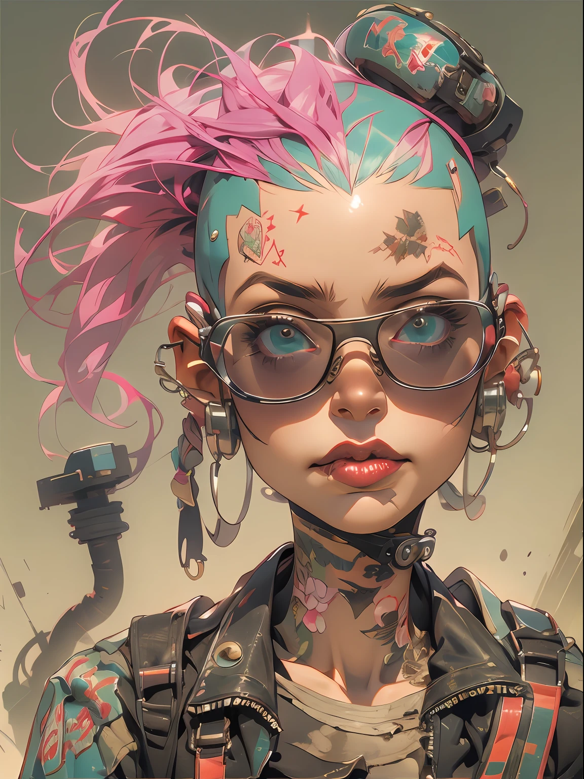 rex, rex, ((( tout le corps ))), lunettes sur le reste, partie maîtresse, Meilleure qualité, super détail, 8k, belle femme, Tank Girl avec un visage fou, sourire malicieux , vêtements techno, (((tout le corps))), cheveux mohawk colorés, fille punk, monde post-apocalyptique, ((  du réservoir )), nijistyle, vêtements déchirés et sales, mohawk court, côtés du crâne rasé, visage propre, tout le corps, Bas de la poitrine