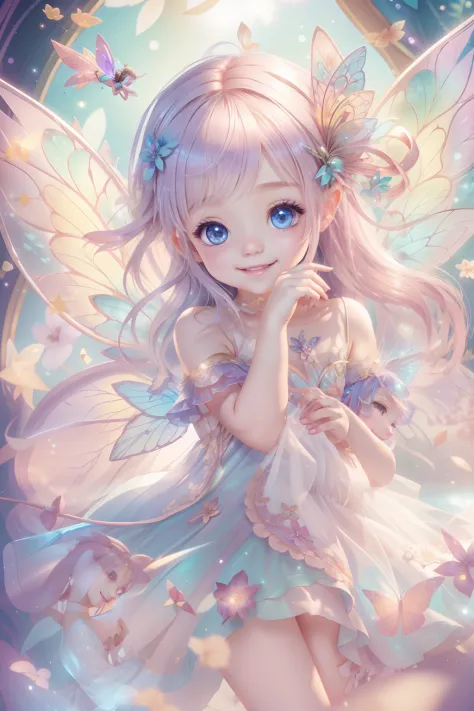 cute fairy with a sense of transparency、bright smile、have fun playing、beautiful background、bright background、iridescent backgrou...