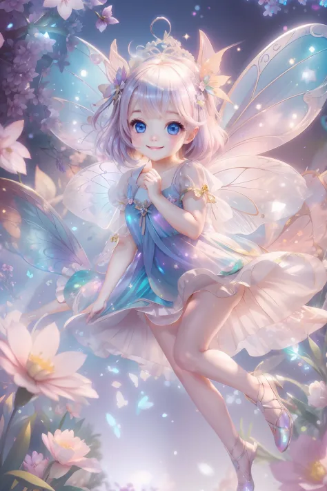 Cute fairy with a sense of transparency、Bright smile、Have fun playing、Beautiful background、Bright background、Iridescent backgrou...