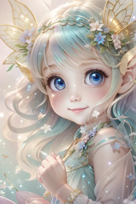 A beautiful fairy with a sense of transparency smiles brightly、Let's have fun。For a beautiful background、Baby Fairy、Bright iride...