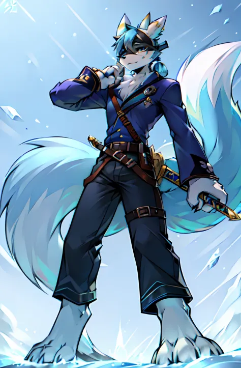 a close up of a ((White Fur)) ((masculine ))Renamon like digimon \(creature\))) with ((long navy-Blue hair with light blue )) , ...