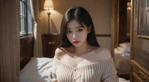 best quality ,masterpiece,ultra high res,(photo realistic:1.4), 1 girl, looking at viewer, Wearing oversized off-shoulder knit over lingerie, korean famous actress, very beautiful,kawaii, Cinematic, 35mm lens, f/ 1. 8, accent lighting, 8k, at luxury hotel