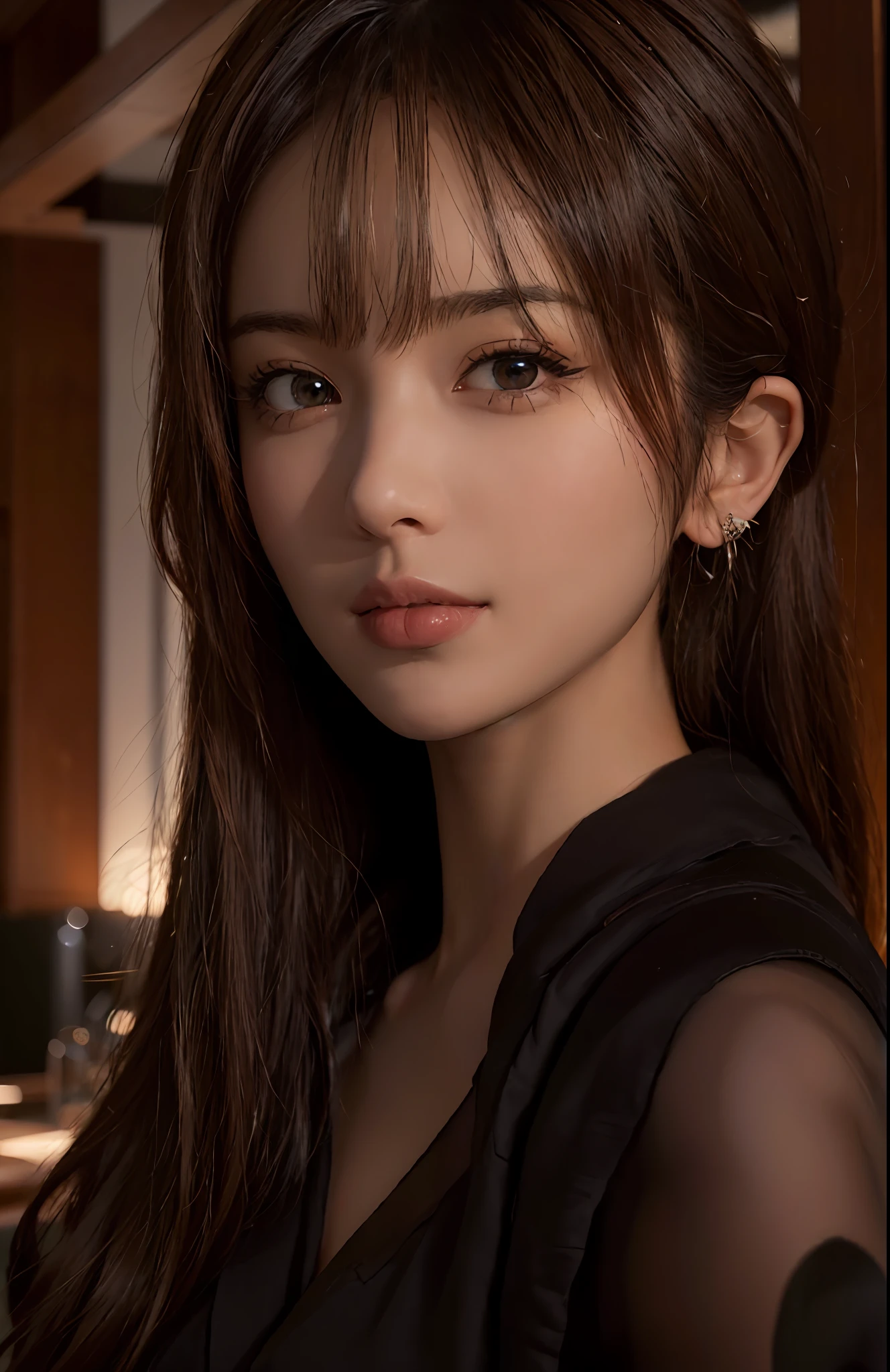 (Ultra Realistic), (Illustration), (High Resolution), (8K), (Very Detailed), (Best Illustration), (Beautiful and Detailed Eyes), (Best Quality), (Ultra Detailed), (Masterpiece), (Wallpaper), (Detailed Face), Solo, One Girl, Viewer, Fine Detail, Detailed Face, Dark Bar Counter, In the Dark, Deep Shadows, Low Key, pureerosfaceace_v1, Smile, Long Hair, Dark blonde shawl straight hair, bangs