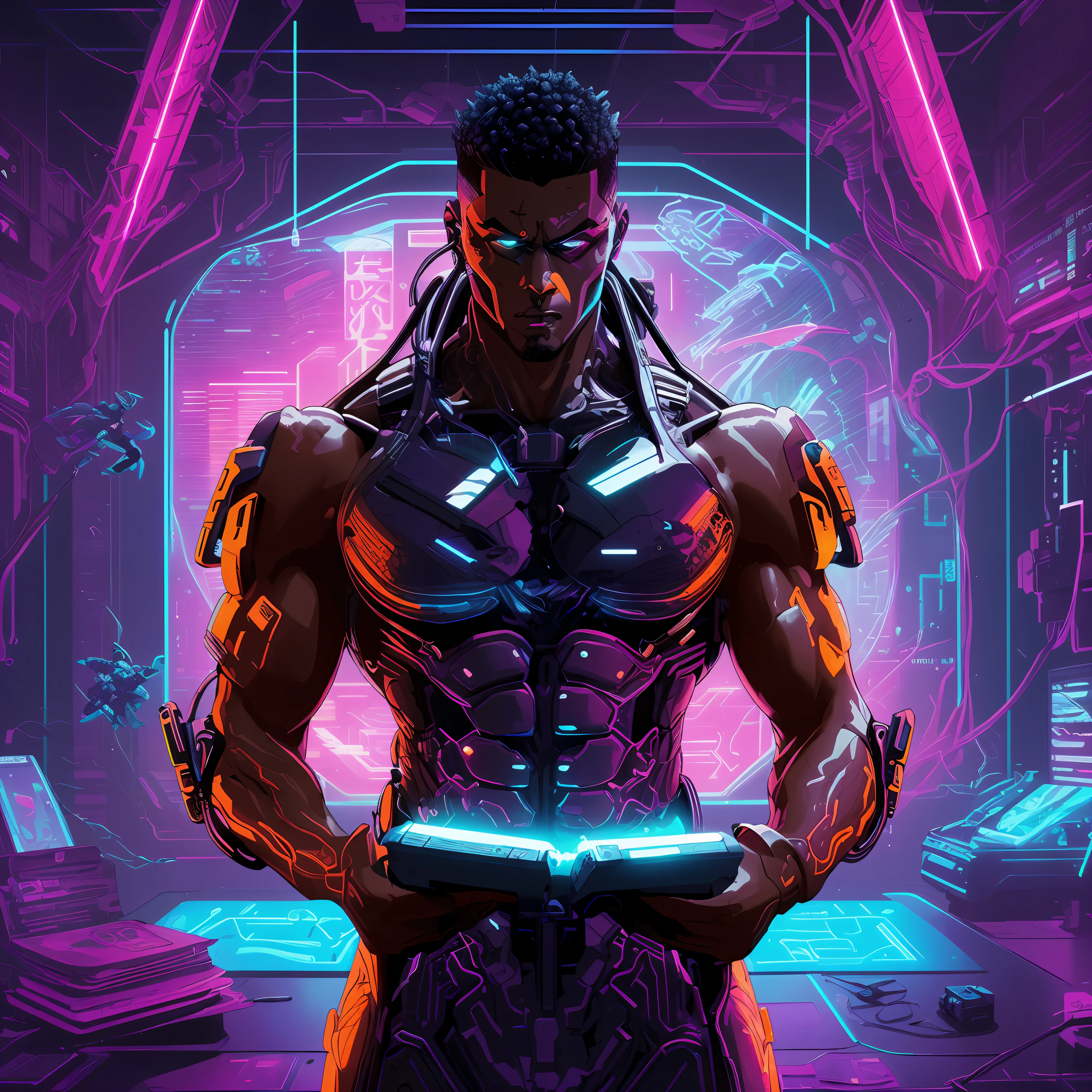 um close up de uma pessoa segurando um livro em uma sala, musculoso! Cyberpunk, um ciborgue negro adolescente, Neon scales and Cyborg Tech, advanced digital cyberpunk art, estilo de arte Cyberpunk, Greg Beeple, arte da capa dos quadrinhos Cyberpunk, Feiticeiros Cyberpunk Africanos, gladiador Cyberpunk, Cyberpunk cores vibrantes, cyberpunk themed art, estilo de arte Cyberpunk, detailed cyberpunk illustration, Ciborgue morto-vivo masculino musculoso