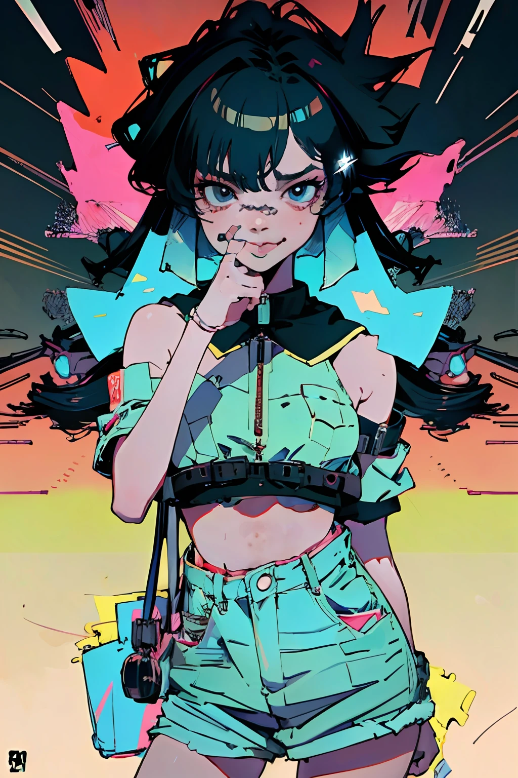 "In an urban high school, a girl stands out in vivid pop-art style amidst monotone academia. Clad in edgy, modern fashion, her hair a cascade of neon colors, she holds an art book and a highlighter, a smirk on her face hiding an intense, emotional depth. She is the embodiment of rebellion and passion. The backdrop contrasts between the soft twilight cityscape and the harsh indoor fluorescent lights, mirroring her vibrant inner world against the grayscale reality. The piece melds ultra-high-definition realism with abstract neon pop-art, presenting a stylish narrative of self-expression in a world often too subdued for her bold spirit."