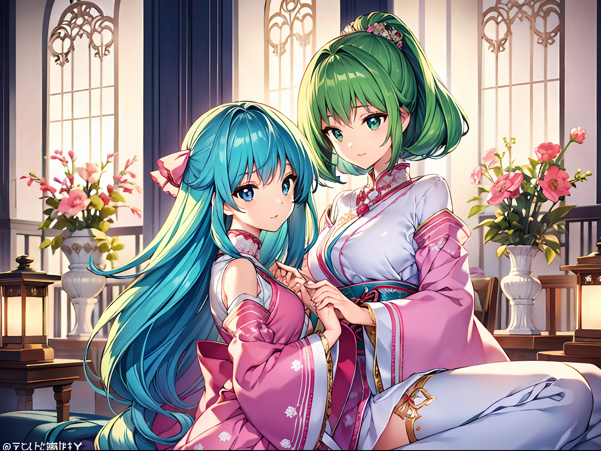 Dos chicas anime vestidas con kimono sentadas en una cama - SeaArt AI