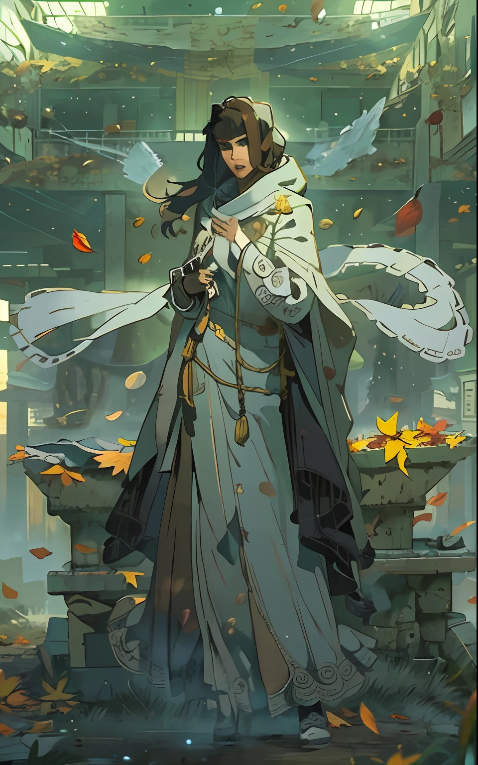 solo.  In the foreground is a girl of thirty years old, in a long cloak, long dark hair, Hands raised to the sky, Two transparent stones in the sky,  looks at a sword stuck in the floor, Sitting on a throne, an intricate, Pattern, Realistic fantasy, 7K,A hyper-realistic, hyper-detailing, analog style, The wind whirls the leaves, The leaves are twisted into a spiral, The leaves fall off, , humble, An old cloak, detailed skin, Matte skin, soft-lighting, sub-surface Scattering, Realistic, Heavy shadow, Masterpiece, Best Quality, ultra realistic, 8k, the golden ratio, Intricate, high detail, Film photography, soft focus,  girl in a raincoat with a hood on her head, An old scarf, wrapped around the head, Detailed appearance, Четкость 8 K, A huge loose rope weighs in front, In his hands, He's holding a huge rope, A whirlwind of leaves beneath your feet, BREAK , Illustrate a monochromatic world with the addition of green, Use only shades of black, White & gray, To convey depth, Emotions and striking visual impact. Landscapes."street fighter", in the style of 0MIB, many people, slums