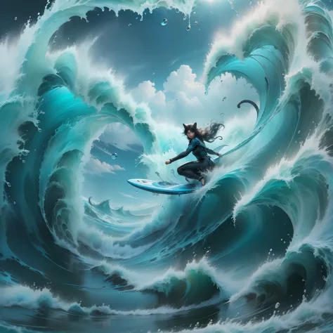 Extreme sports photography、surfing、Glide along the huge waves、Thrilling tension、pussycat、Mare、Vague、Looking at the camera、Background bubbles、High texture、Realistic effects、drippy、The cat's face is reflected in water droplets、Surfboard rides