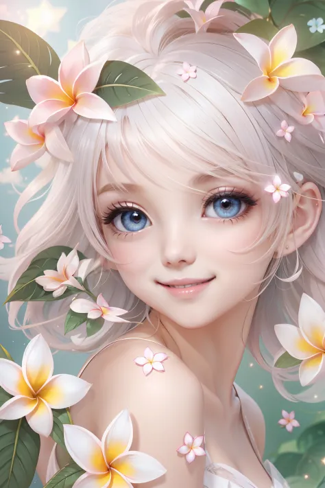 cute fairy with a sense of transparency、bright smile、have fun playing、beautiful background、bright background、white background、be...