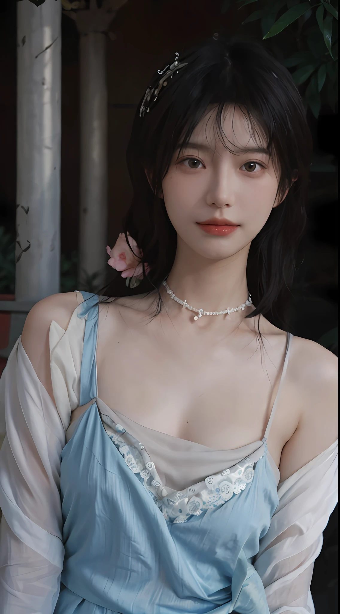 best qualtiy， Ultra-high resolution， （realisticlying：1.4），cute hairpin，Baoyu Girl， A pair of clear and moving peach blossom eyes,Royal Sister，sunshine on face，with long coiled hair，（ln the forest：1.4），（choker necklace：1.2），（Fair skin：1.4），（full bodyesbian：1.2）a sense of atmosphere，a beauty girl， ssmile，head straight-looking at viewer， closeup cleavage ，(Photorealistic:1.4),1girll,sexly,(Upper body:1.4),(Wet body),(:1.2)