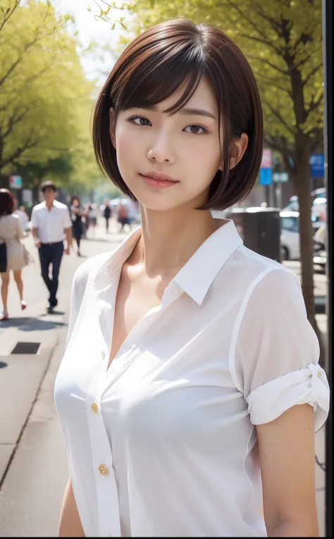 ((cherry trees))、The season is spring、((top-quality、8k、​masterpiece))、Photorealsitic、Beautiful breasts、Beautiful Japan woman with perfect body、slim abdomen、((Short-cut hairstyles))、 (Thin, damp buttons up to shirt length:1.1)、(wet from the rain、white  shir...