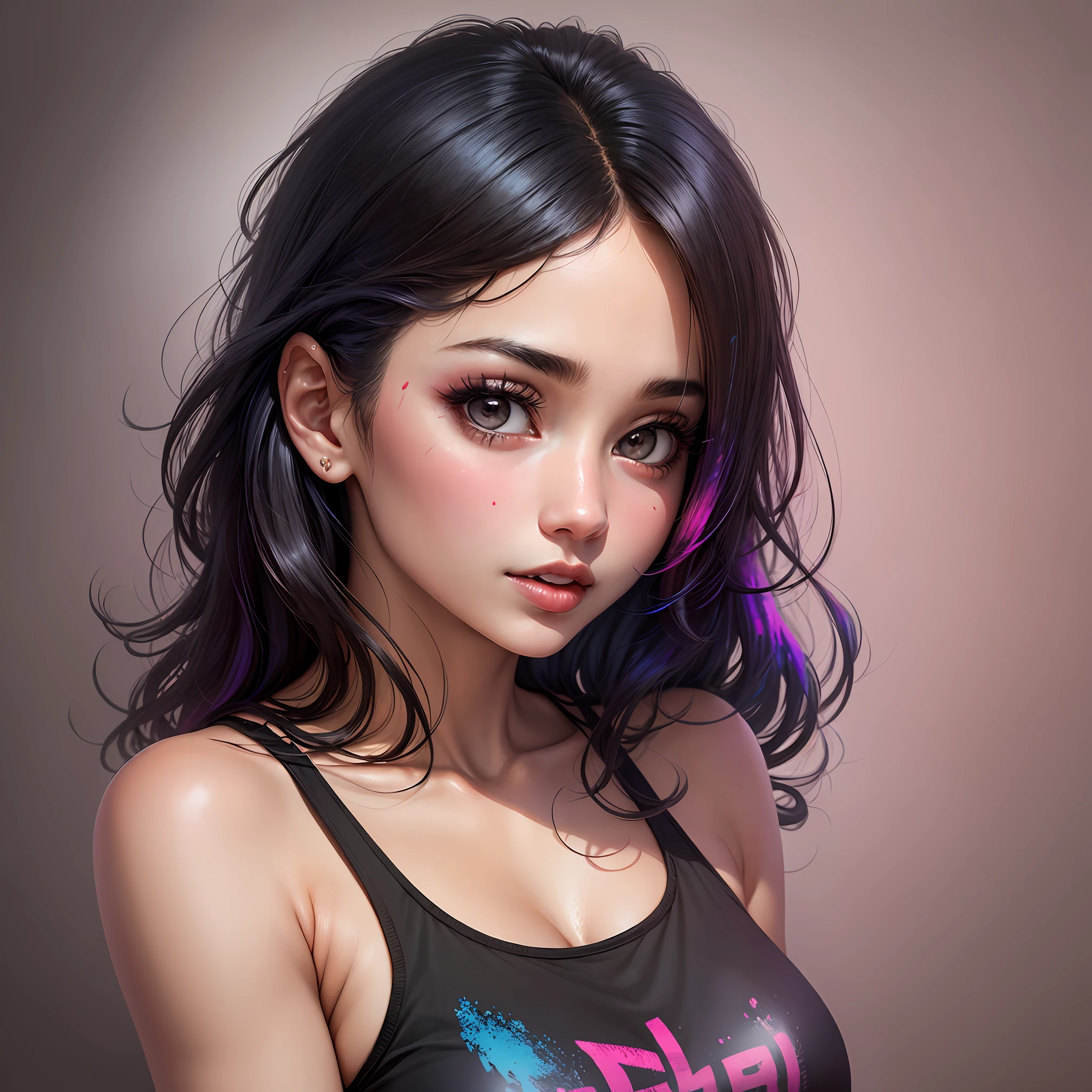 A woman with long black hair and a black top with a pink and blue design -  SeaArt AI