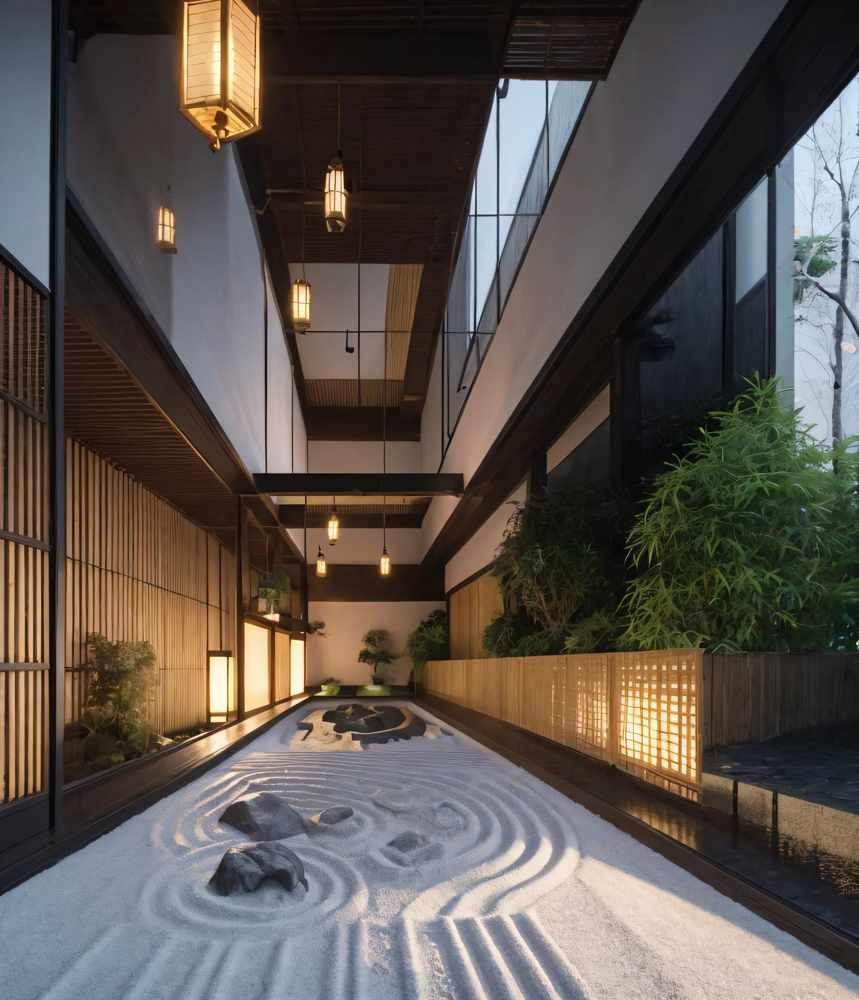 Una foto del jardín interior, era transparente, adentro, exterior, árboles, arquitectura verde, luz de la linterna, arena, bambú, Visualización de la arquitectura, fotografía, 8K, obra maestra, ultra calidad