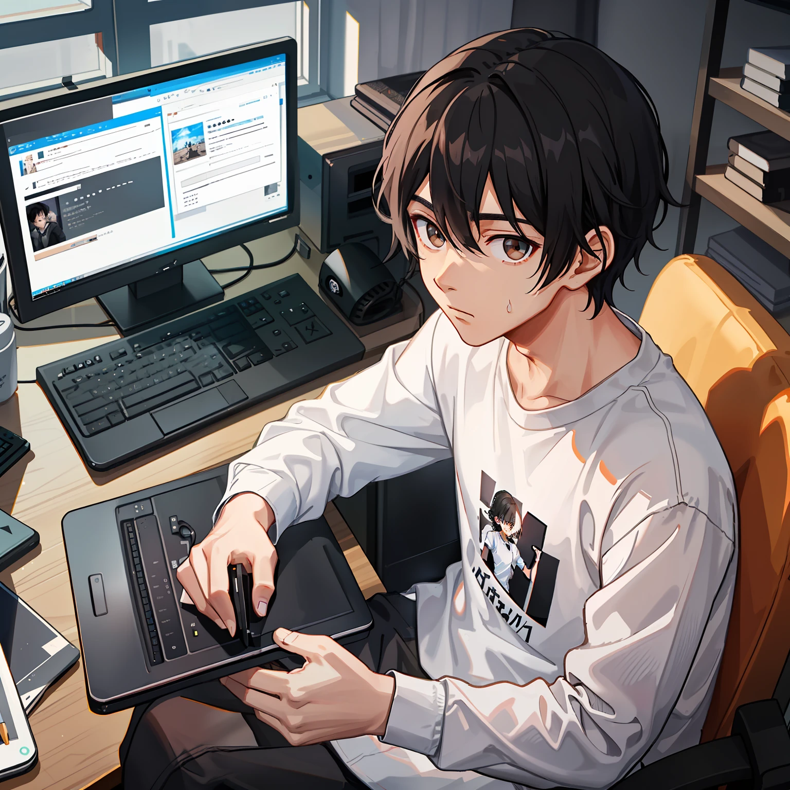 "黑色波浪短髮男生，穿白襯衫和黑色運動褲，坐在電腦前，深棕色眼睛。