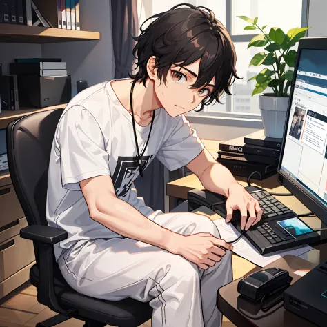 "a boy with short wavy black hair，wear a white shirt and black sweatpants，sitting in front of the computer，dark brown eyes。