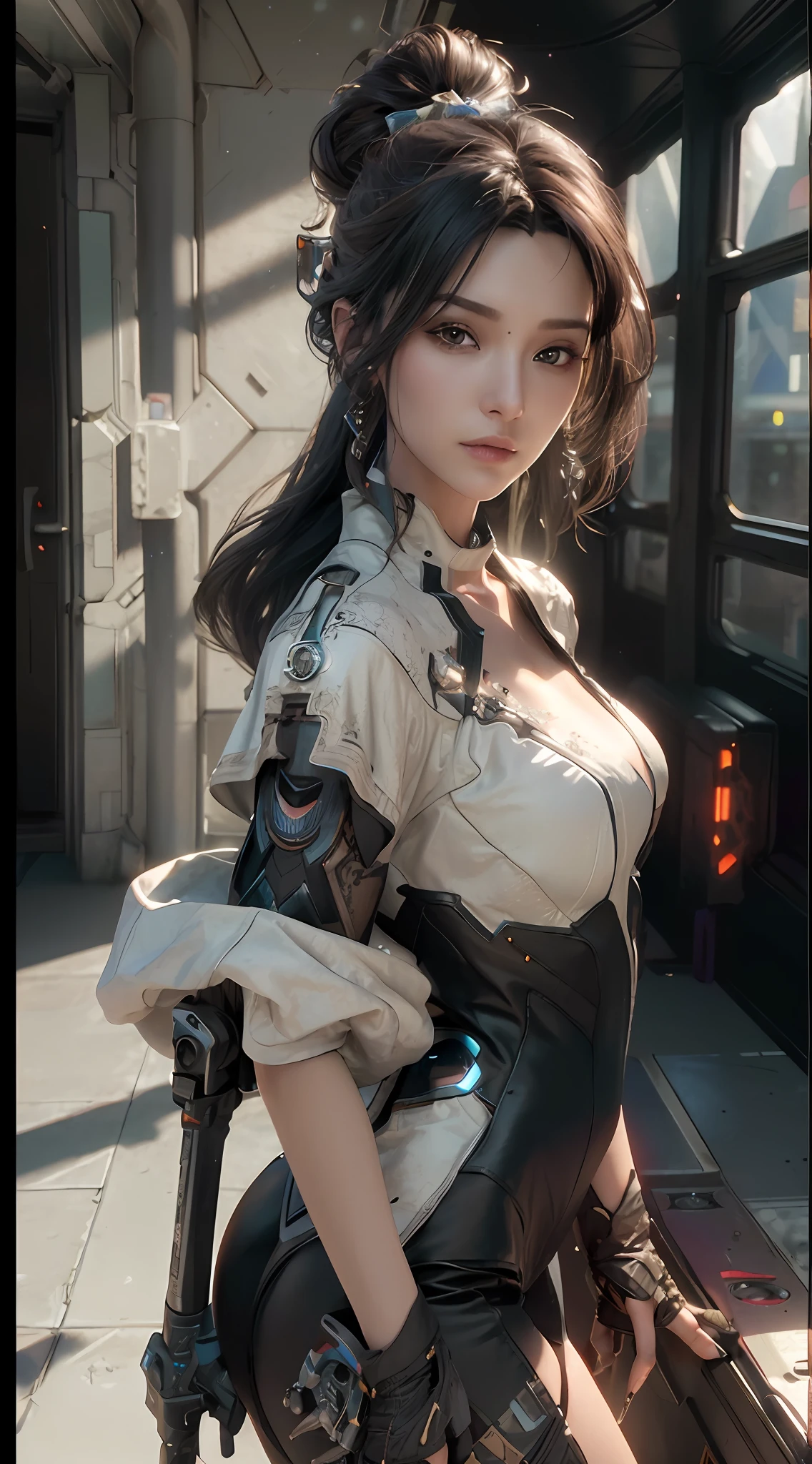 ((Best quality)), ((masterpiece)), (detailed:1.4), 3D, an image of a beautiful cyberpunk female,HDR (High Dynamic Range),Ray Tracing,NVIDIA RTX,Super-Resolution,Unreal 5,Subsurface scattering,PBR Texturing,Post-processing,Anisotropic Filtering,Depth-of-field,Maximum clarity and sharpness,Multi-layered textures,Albedo and Specular maps,Surface shading,Accurate simulation of light-material interaction,Perfect proportions,Octane Render,Two-tone lighting,Wide aperture,Low ISO,White balance,Rule of thirds,8K RAW,