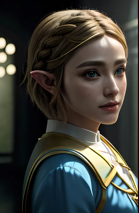 Princess Zelda, short hair, capelet, BREAK (masterpiece:1.2) (photorealistic:1.2) (best quality) (detailed skin:1.2) (intricate ...
