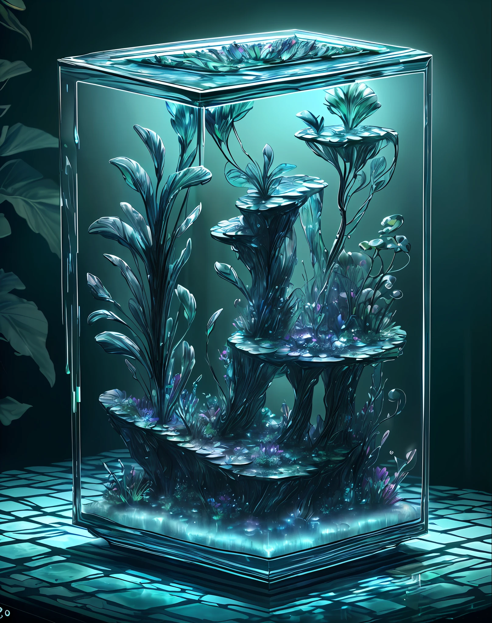 masterpiece of glass sculpture with plants inside, water, glowing, fantasy, high quality, high detail, best quality, rtx, 4k, 8k,