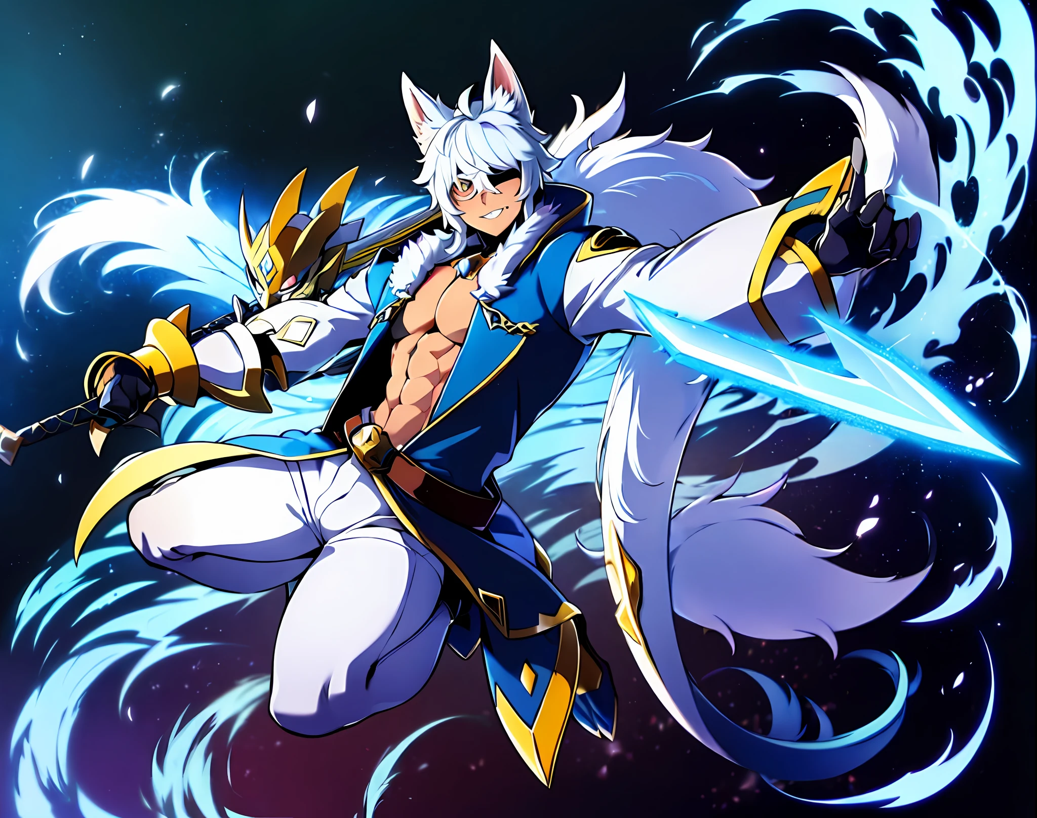 a close up of a ((dark Skin:1.6)) ((masculine )) (sakuyamon) like digimon \(creature\))) with ((long navy-Blue hair with light blue )) , ((Done in a Low hanging Ponytail)),Big ((fluffy white tail)), Ice Crystals in Gauntlets ,((Belt , Sword)) , Dynamic pose, Mid swing , expression( Smug), ((Eye patch)),(( Kaeya From Genshin impact as a Digimon)), ((white Fox mask with blue markings)),(( Blue open jacket)),((1boy Solo)), ((Masterpiece,High quality))