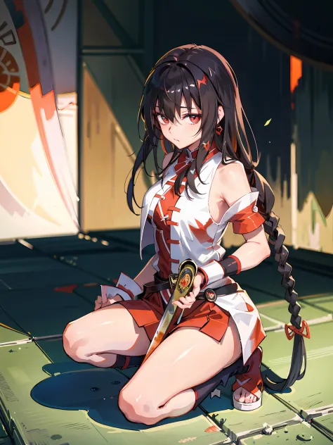 long black hair, anime girl sitting on the floor with sword, a lot of blood on her body, guwiz in pixiv art station, guviz in ar...