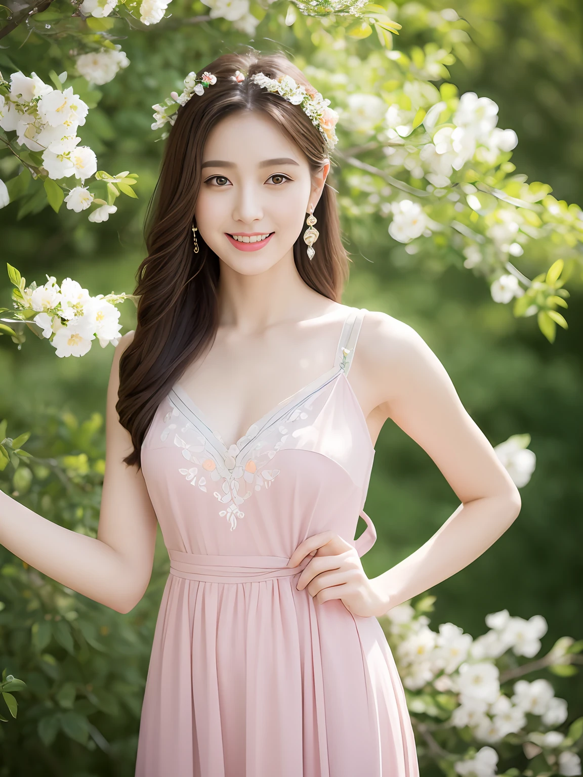 (best qualtiy，8K，32K，tmasterpiece，，realisticlying，The is very detailed, hyper HD：1.2), Under the peach blossom tree，Exquisitehands，A young and beautiful beauty stood there，Feet on the green lawn，There are falling petals on the lawn，She is tall，The slender figure exudes confidence and elegance, Delicate and fair skin like snow，Long hair fluttering gently in the breeze，The eyes are dark brown，Bright and divine，There was a hint of clarity and affection in her eyes，Slender eyebrows，Ruddy lips，Hefty Smile, Wearing a purple slip dress，The skirt is embroidered with delicate flowers，She wore a delicate ribbon around her waist，A green garland is worn on his head，The garlands are dotted with small pale pink flowers and green leaves