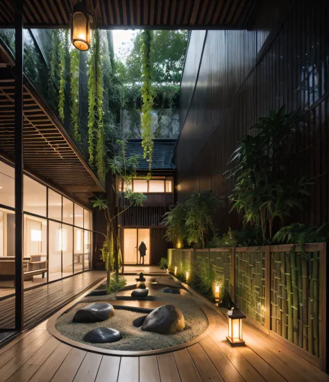 A photo of indoor garden, Zen garden, indoors, exterior, trees, green architecture, lantern light, people, sand, bamboo, architecture visualisation, photography, 8k, masterpiece, ultra quality