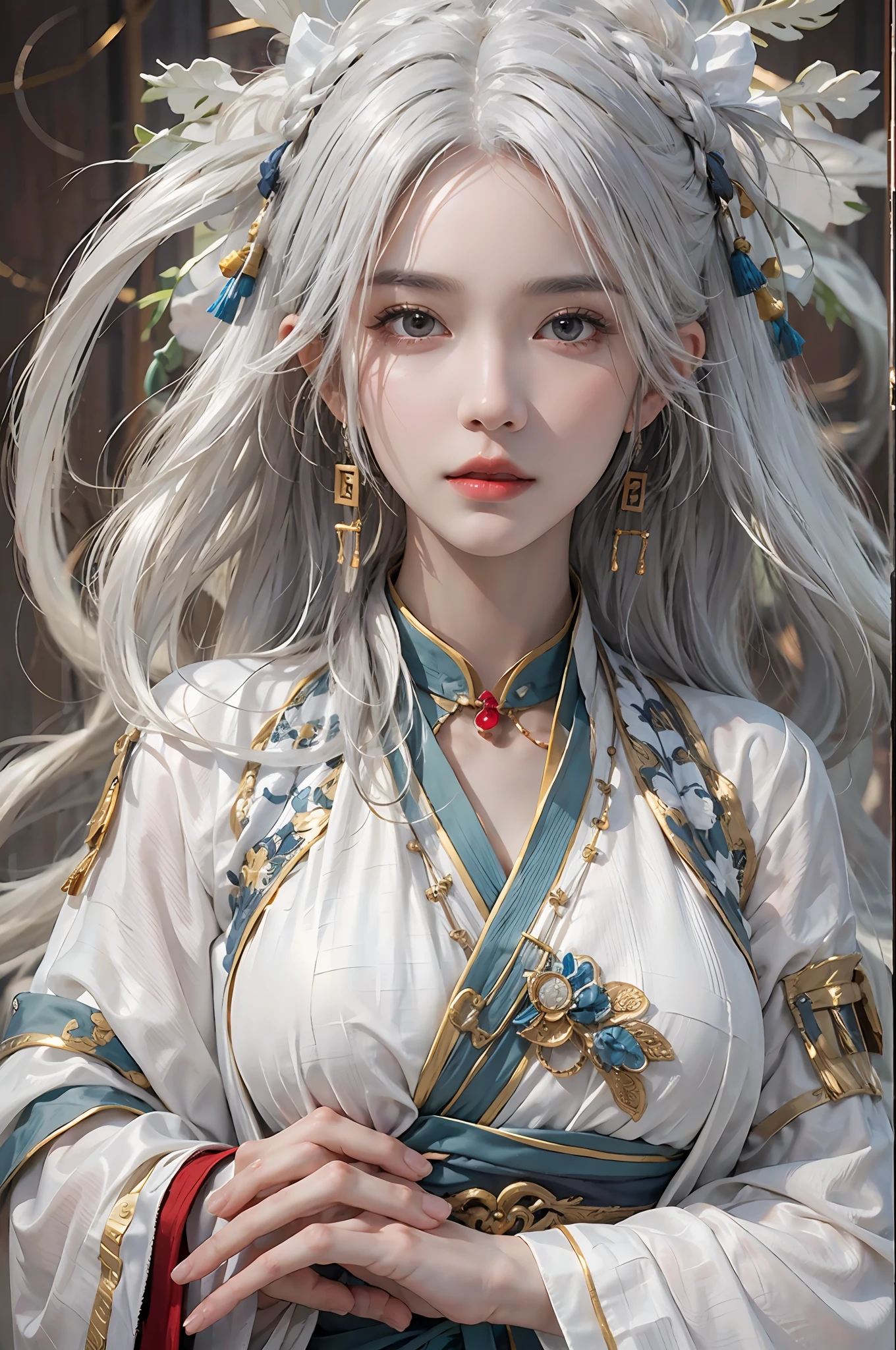photorealistic, high resolution, 1women, solo, hips up, look at viewer, (detailed face), white hair, long hair, medium breasts, Taoist,Chinese immortal clothes