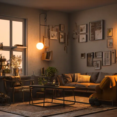 3d render of a vintage, cozy interior lighting, artstation, ultra detailed, cinematic, daz, hyper realistic, octane, A realistic dollhouse living room with furniture and window at night. Artwork table decoration with handmade realistic dollhouse, 3DMDT1