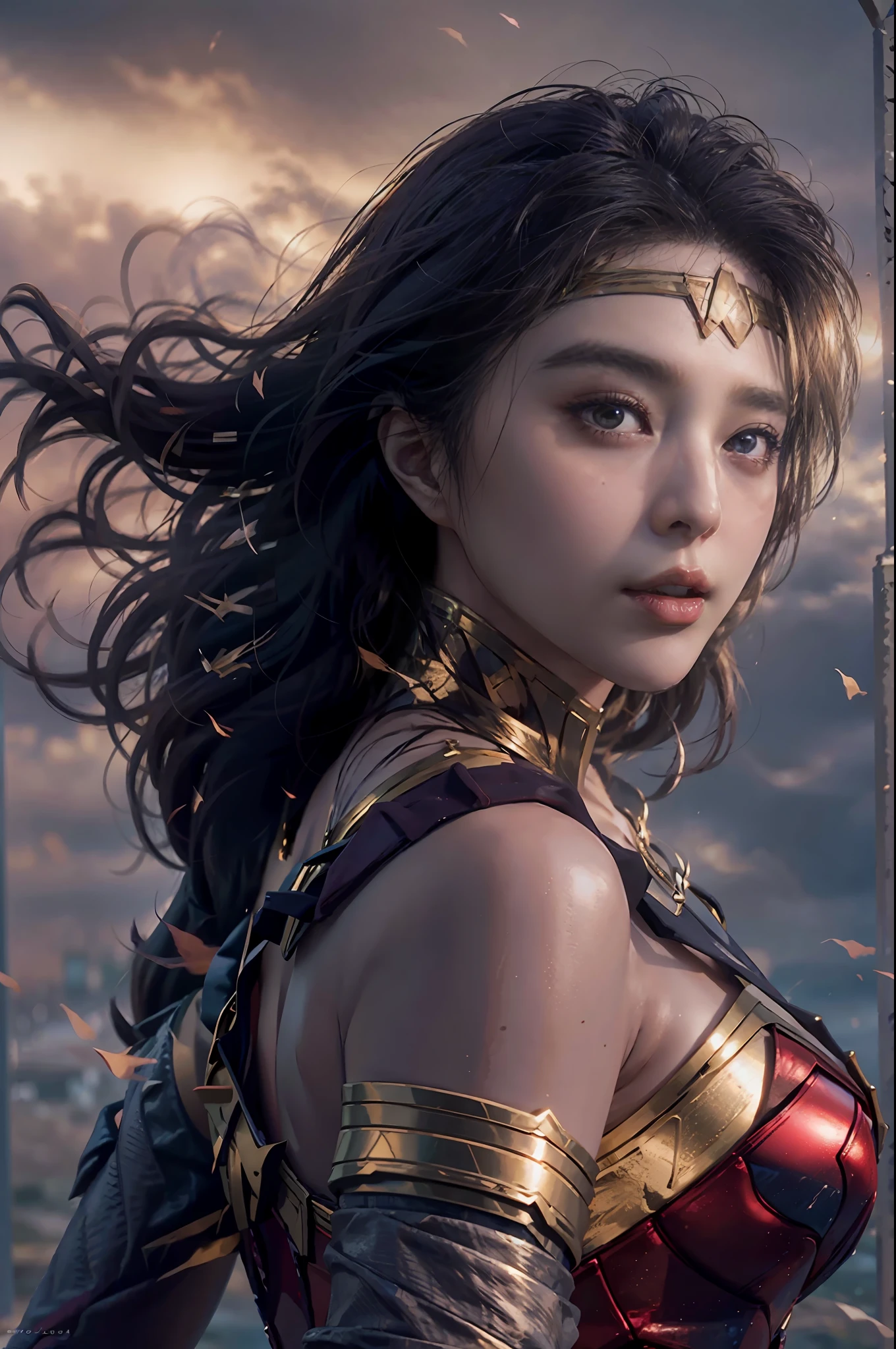 wearing wonder_woman_cosplay_outfit, in front of a sky, 
good hand,4k, high-res, masterpiece, best quality, head:1.3,((Hasselblad photography)), finely detailed skin, sharp focus, (cinematic lighting), night, soft lighting, dynamic angle, [:(detailed face:1.2):0.2], medium breasts, outside,