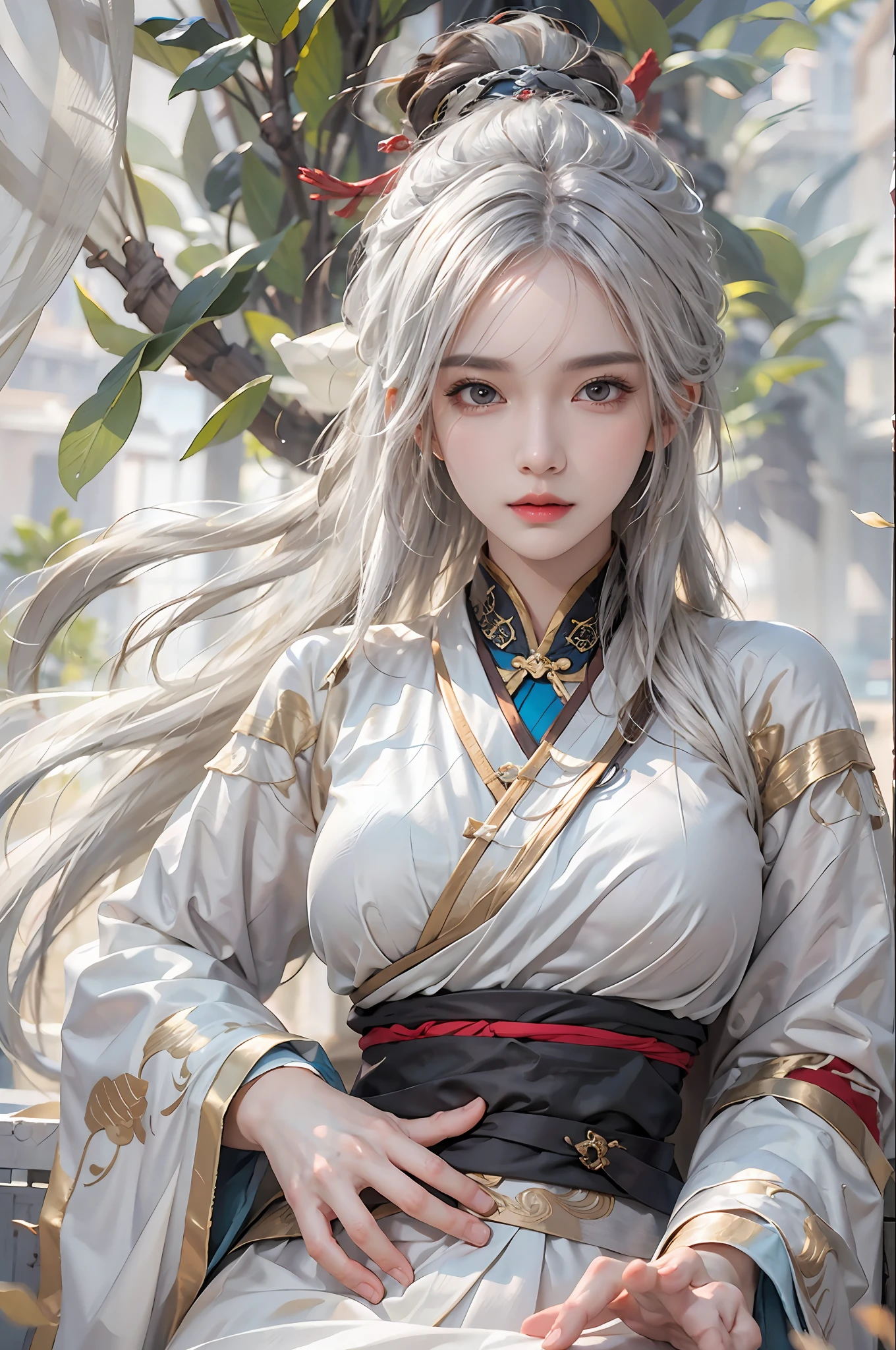 photorealistic, high resolution, 1women, solo, hips up, look at viewer, (detailed face), white hair, long hair, medium breasts, Taoist,Chinese immortal clothes