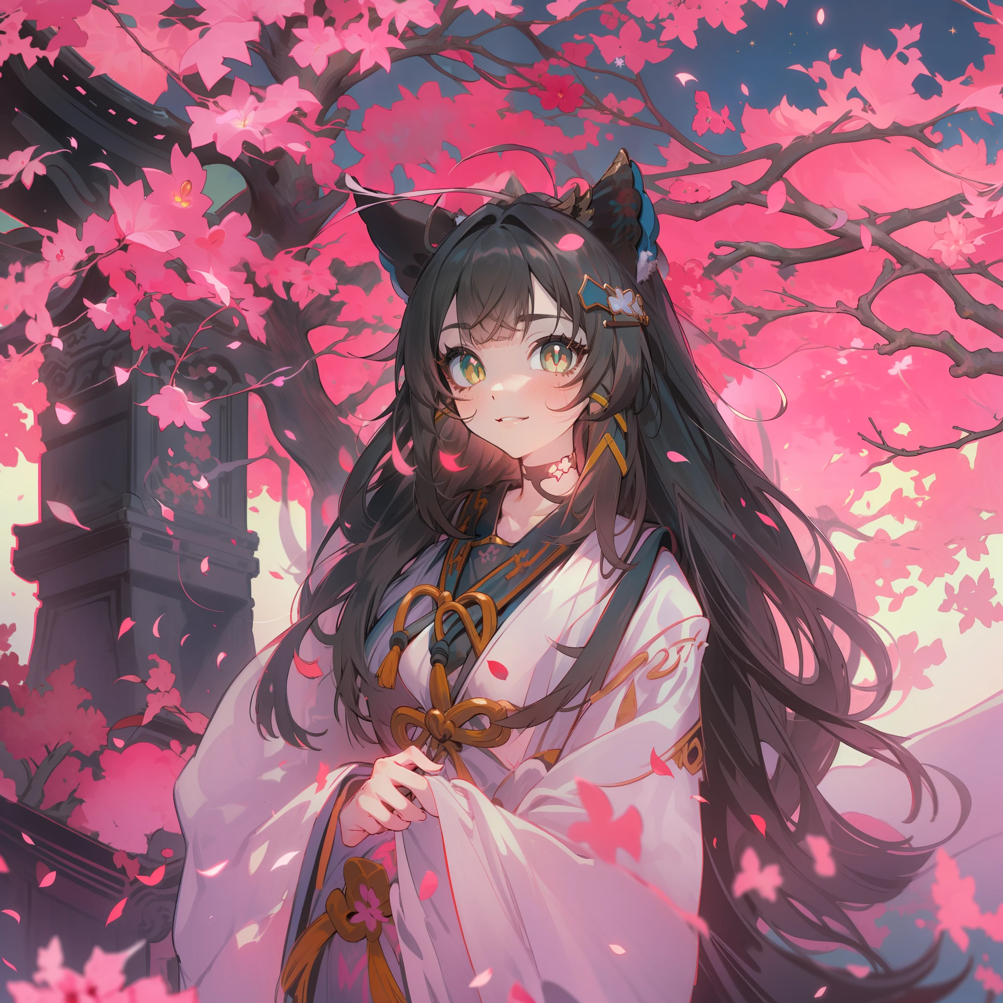 red color eyes，Bright red pupils，cabelos preto e longos，Japanese priestess costume, red kimono，white under lingerie，Dull hair，Big hazy eyes，Facial details are exquisite，Impeccable，Slightly rosy，8k, Masterpiece, 1 girl , nakeness，White body，Pink , Light pink lips, Calm, Logical, Knife fan,Delicate face,dishiveredhair，Stunning anime face portrait，solo，nigh sky，exteriors，themoon，As estrelas，Long dancing hair,starrysky，the night，Beautiful hair，Fantastic cherry blossom tree，Dream like ( Ambient lighting), Dreamy, Fantastic, (solo: 1.2),  petals dancing,(detailed cat ears:1.3)，Black cat ears:1.1, (beautifully detailed hair:1.3), (Hollow black hair:1.3), Luscious waist-length hair, (multi-layered hair:1.5), (hair splayed out:1.2), beautiful-detailed facial structure, Detailed beautiful face:1.3, Sexy face, A grim face, slender facial structure, (Detailed face:1.33), Big eyes, (Detailed glowing eyes:1.1), luminous red eyes, (Detailed facial expressions:1.1), Shy, Facial smile，detailed-slight red blush, (detailed boobs:1.2), Large size chest, (Slim waist:1.1), (slim legs:1.1), Stand up full body diagram，(Firefly: 1. 2), Lamp 3), Starry sky, tori ready,water puddles