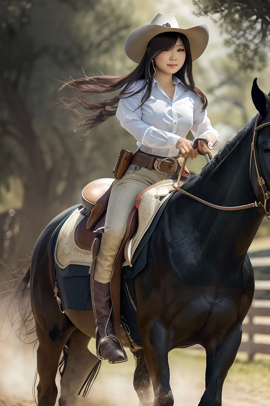 Woman in cowboy outfit riding a horse in a field - SeaArt AI