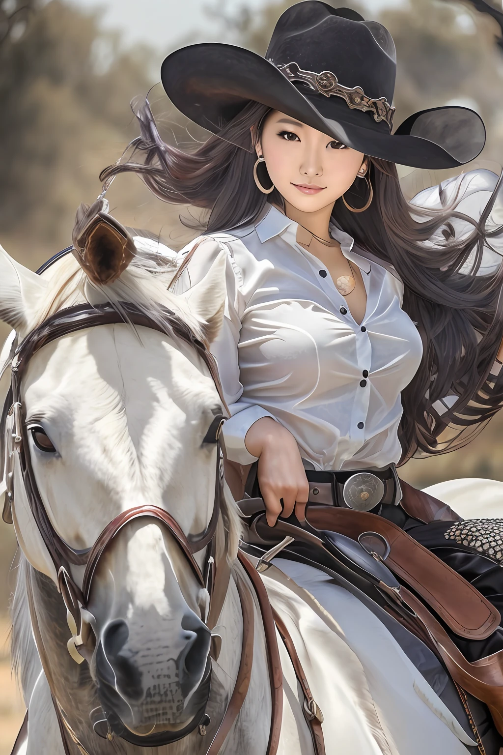 There is a woman riding a horse with a cowboy hat on - SeaArt AI